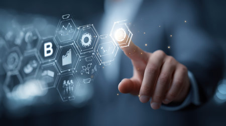 A poised professional engages with vibrant digital graphics and data charts, embodying innovation...
