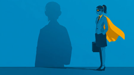 A confident woman in professional clothing dons a cape and mask, wielding a briefcase, symbolizing strength and leadership in the business world.の写真素材