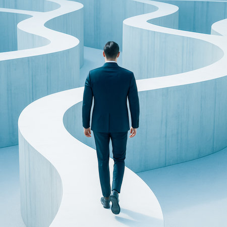 A professional in a sleek suit strides on a curving white trail amid innovative geometric structures, evoking progress and futuristic urban visions.の写真素材