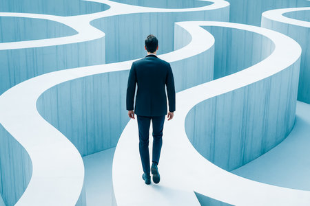 A professional strides through a sleek, minimalist corridor with towering white walls, evoking focus and strategic navigation in a contemporary enviroの写真素材