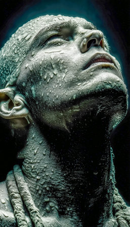 A tranquil individual with damp skin, embodying calmness and renewal, eyes softly closed, set...