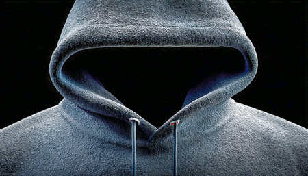 An urban-inspired gray hoodie with a concealed face section, creating a mysterious, bold look set against a sleek black backdrop.の写真素材