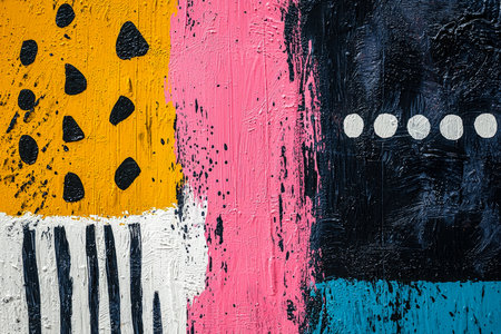 Vibrant splashes and expressive brush strokes blend bright hues on a textured backdrop, evoking energy and creativity for versatile design projects.の写真素材