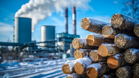 Piled firewood dusted with fresh snow contrasts with a distant industrial facility releasing smoke on a crisp, sunny winter morning.の写真素材