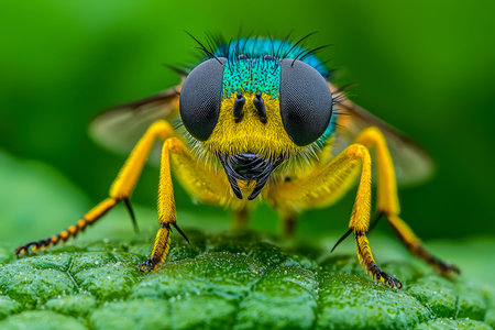 Vibrant insect with iridescent wings resting delicately on lush green foliage, highlighting nature's...