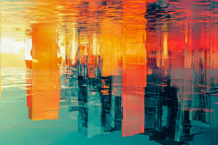 A vivid cityscape silhouette mirrors seamlessly on shimmering water, illuminated by bold hues of...