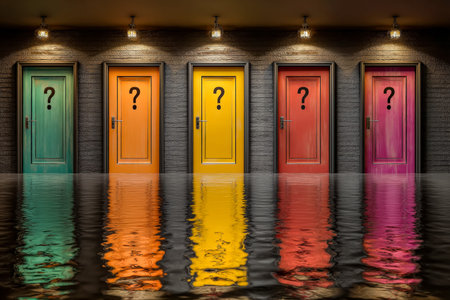 Vibrant doors cast mirrored images on a calm night water surface, creating a sense of curiosity and...