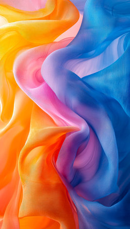 Swirling multicolored textile with silky surfaces, creating an energetic flow of lively shades and a...