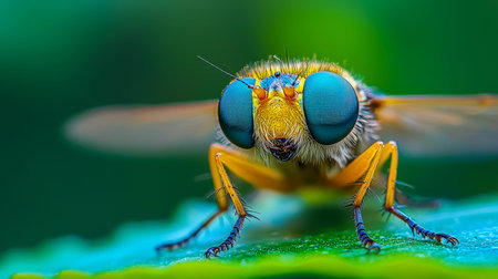 Vibrant macro of a striking insect's iridescent body, oversized sapphire eyes, and slender legs...