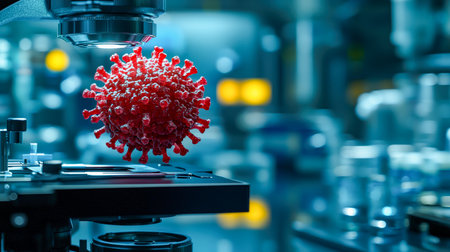 A detailed close-up reveals a spiked, spherical pathogen suspended in a high-tech lab environment, highlighting scientific investigation and biohazardの写真素材