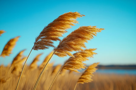 Tall, sunlit grass blades ripple gently across a vast, open landscape, set against a crisp azure sky, evoking calm and natural beauty.の写真素材
