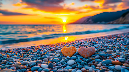 Warm hues glow over a vibrant shore where two smooth, carved heart-shaped rocks rest amidst a mosaic of tiny colorful stones, evoking love and tranquiの写真素材