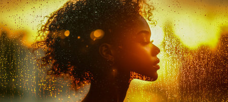A contemplative woman with voluminous curls gazes through a streaked rain-streaked glass at a warm...