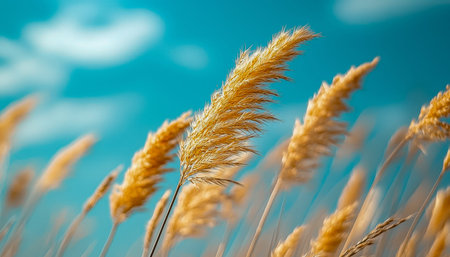 Vibrant golden grains ripple gently in the wind, set against a clear blue sky, evoking harvest...