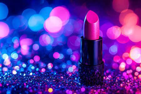 A bold pink lipstick upright on a sparkling surface, with a dreamy, colorful bokeh backdrop creating a lively, glamorous mood for beauty and fashion tの写真素材