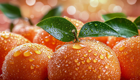 Juicy, dew-kissed oranges nestled with vibrant green leaves, capturing a refreshing, natural essence...