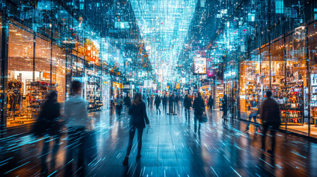 A bustling, colorful mall interior featuring sleek digital screens and diverse shoppers immersed in a lively, well-lit retail environment.のeditorial素材