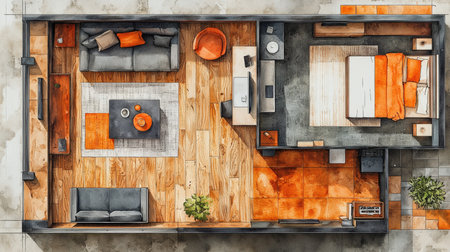 Bright, sleek living area blending a cozy sleeping nook, productive workspace, and artistic decor in a stylish, contemporary urban apartment.の写真素材