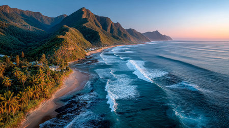 Vibrant sunset casts golden hues over a serene shoreline, with verdant mountains arcing along the...