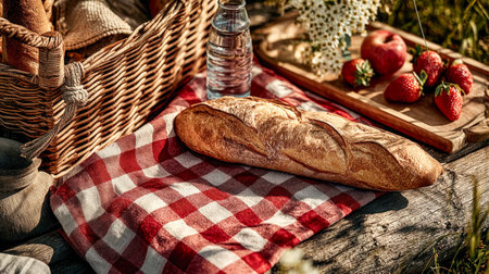 Warm, artisan baguette with a golden crust sits beside vibrant strawberries and a chilled water bottle on a weathered outdoor wooden surface, evokingの写真素材
