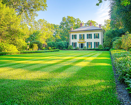 Graceful white estate amid flourishing gardens and lively greenery, basking under clear blue skies, perfect for upscale living or luxury retreat visuaの写真素材