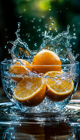 Juicy orange halves burst into a crystal-clear bowl, creating a lively splash and evoking freshness and vibrant citrus zest.の写真素材