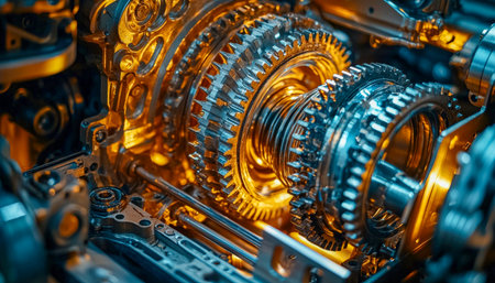 A detailed view of shimmering gold and silver cogwheels interlocking within a complex mechanical system, exuding precision and craftsmanship.の写真素材