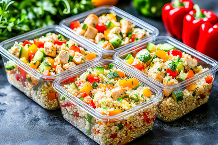 Colorful quinoa mixture with crisp vegetables and herbs is neatly packed in containers, set against fresh red peppers and leafy greens for vibrant appの写真素材
