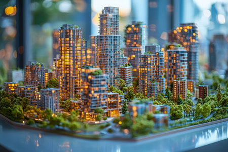 A finely crafted miniature city with towering lit-up skyscrapers, lush parks, and intricate streets,...