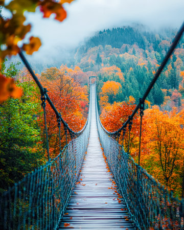 A winding bridge stretches through vibrant fall foliage, enveloped in misty mountain air, evoking serenity and adventure in nature's embrace.の写真素材