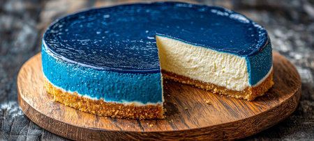 A vibrant blue dessert with creamy texture, resting on a rustic wooden surface, showcasing a crunchy graham cracker base, perfect for inviting dessertの写真素材