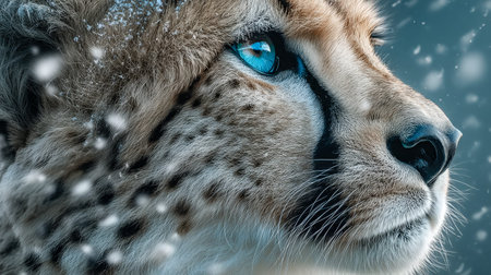 A detailed shot highlighting a sleek feline with icy blue eyes amid a snowy landscape, emphasizing...