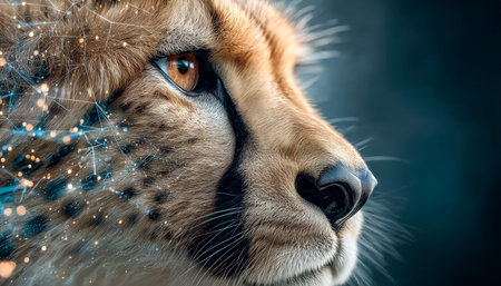 A detailed close-up captures the cheetah's intense gaze, blending natural feline features with futuristic digital network visuals on one side.の写真素材