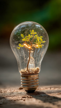 A tiny sprout emerges within a transparent glass bulb, representing fresh concepts and innovative growth in a minimalistic, inspiring composition.の写真素材