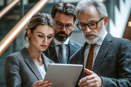 Collaborative professionals analyze digital reports on a sleek tablet amid a bright, contemporary workspace, fostering innovation and teamwork.のeditorial素材