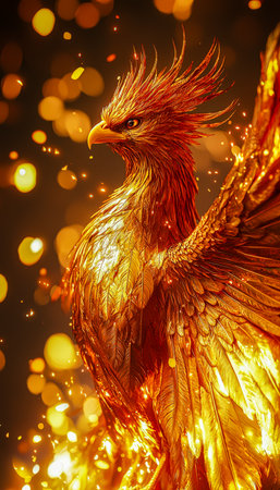 A luminous mythical bird blazing with radiant gold plumage and piercing eyes, set against a shimmering backdrop of twinkling cosmic lights.の写真素材