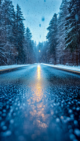 A tranquil wintry scene features a narrow forest path blanketed in snow, with gentle rain droplets on the glass and a warm sunset glow illuminating thの写真素材