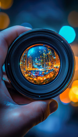 A close-up of a camera lens capturing a colorful city skyline illuminated by neon lights, evoking a...