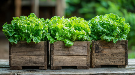 Vibrant lettuce leaves in handcrafted wooden containers add a touch of freshness to a weathered table, ideal for garden or farm lifestyle settings.の写真素材