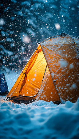A cozy tent glows warmly amid fresh snow, surrounded by a gentle snowfall in a peaceful winter wilderness, evoking adventure and solitude.の写真素材