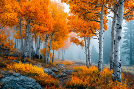 Serene woodland scene featuring fiery orange trees shrouded in gentle fog, creating a peaceful,...