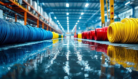 Brightly colored hoses weave through a vast factory space, metal shelves and machinery creating a dynamic industrial atmosphere.の写真素材