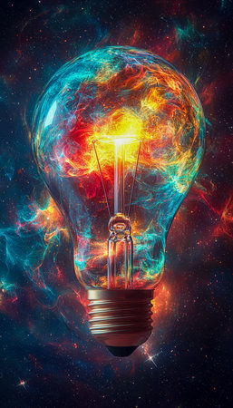 A glowing filament encased in a transparent shell radiates fiery hues, drifting silent in the vast,...
