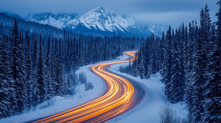 A snowy mountain trail illuminated by streaks of vehicle lights, surrounded by dense, frost-laden...