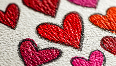 Vibrant embroidered hearts in red, pink, and orange adorn a textured fabric, creating a warm, affectionate scene perfect for romantic or craft themes.の写真素材