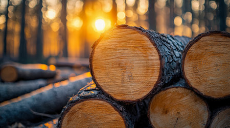 Warm sunset hues cast a gentle glow over neatly arranged timber in a lush forest clearing, capturing nature's tranquility and rustic craftsmanship.の写真素材