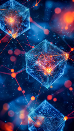 Dynamic digital environment with vibrant illuminated cubes linked by intricate data lines, conveying a sleek, advanced blockchain ecosystem for tech iの写真素材