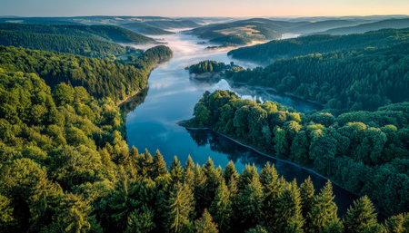 A bird's-eye perspective reveals dense foliage, a serpentine waterway, and a misty dawn cloaked in rugged mountain terrain.の写真素材