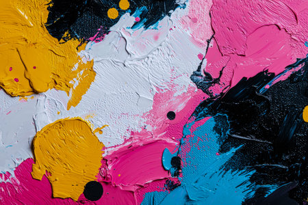 A vibrant swirl of thick, textured acrylic streaks in bold hues creates an energetic, artistic...