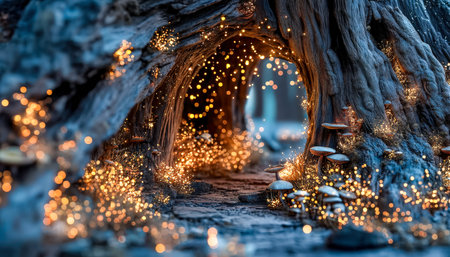 Luminous string lights illuminate a hollow tree adorned with delicate mushrooms, creating a mystical, fairy-tale ambiance in a lush forest.の写真素材